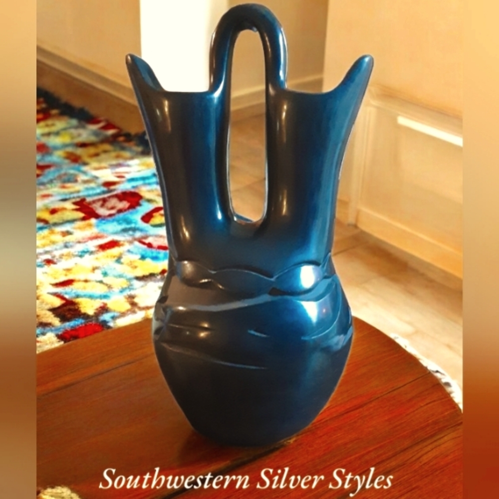 Barbara Martinez Santa Clara Pueblo Hand Curved Black Avanyu Design Wedding Vase